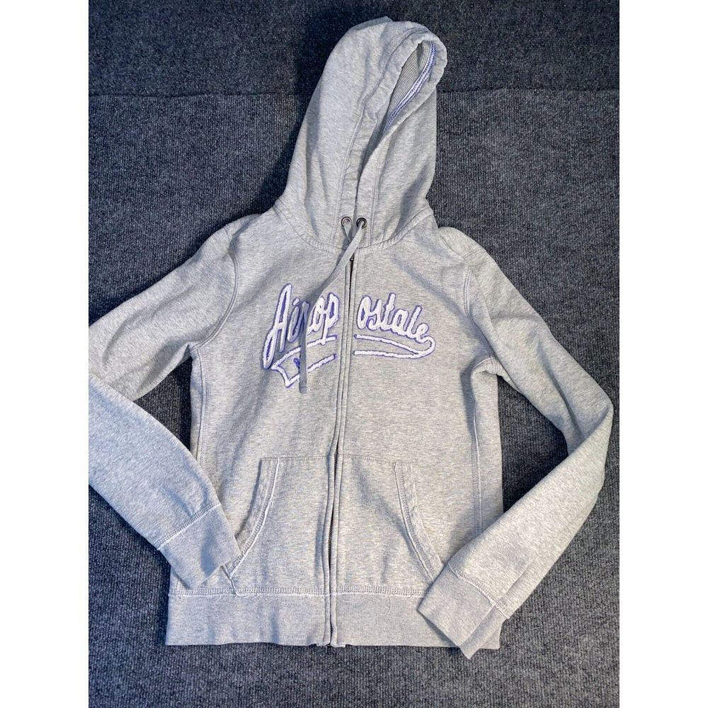 Aéropostale Hoodie Womens Large Gray Fleece Lined Pockets Drawstring Full Zipper